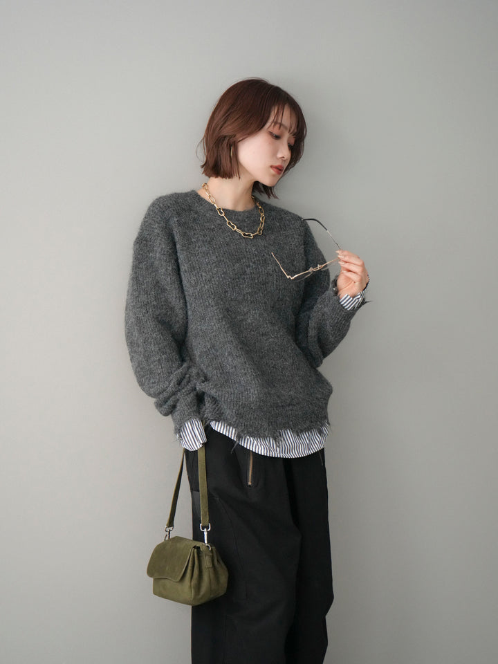 [予約]裾シャツレイヤードダメージニットプルオーバー/darkgrey