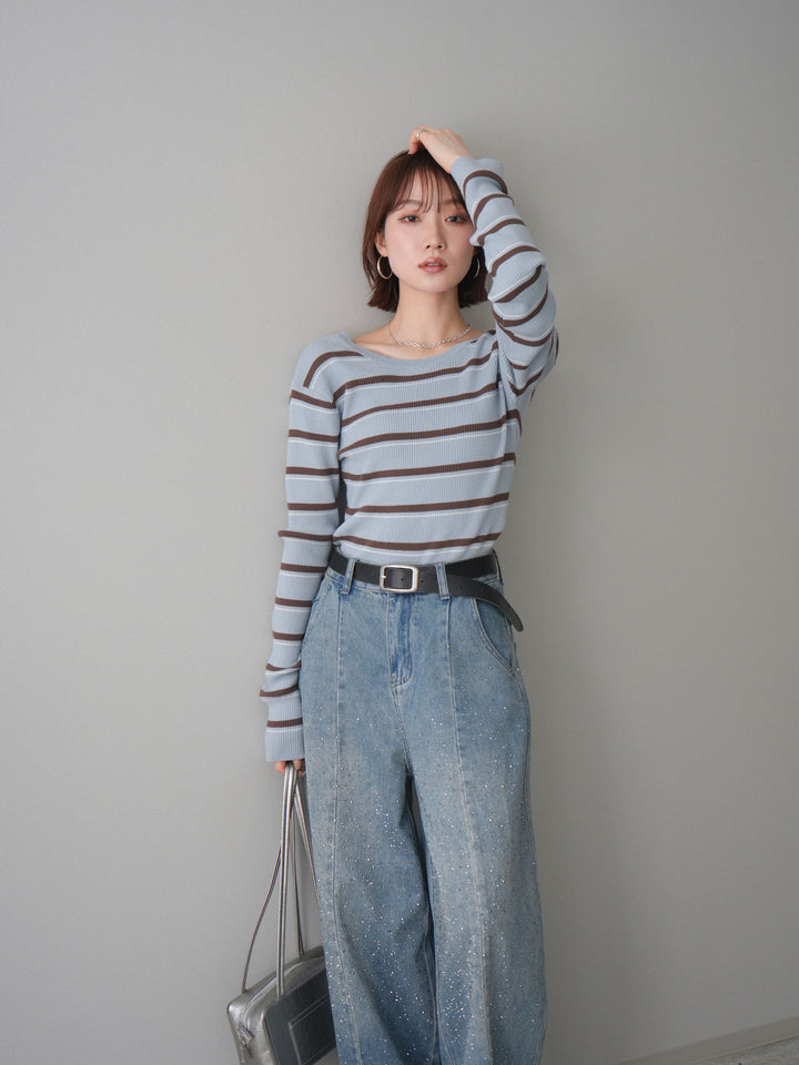 [予約]バックオープンテレコリブマルチボーダートップス/blue