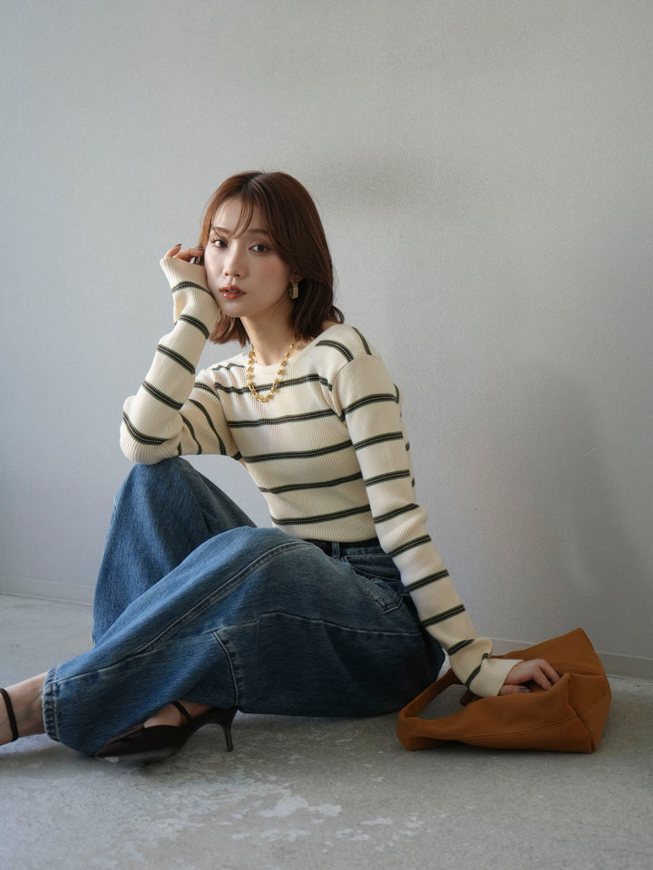 [予約]バックオープンボーダーテレコリブトップス/アイボリー