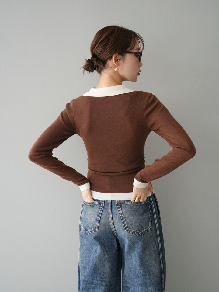 [予約]レイヤード配色ポロニットトップス/brown