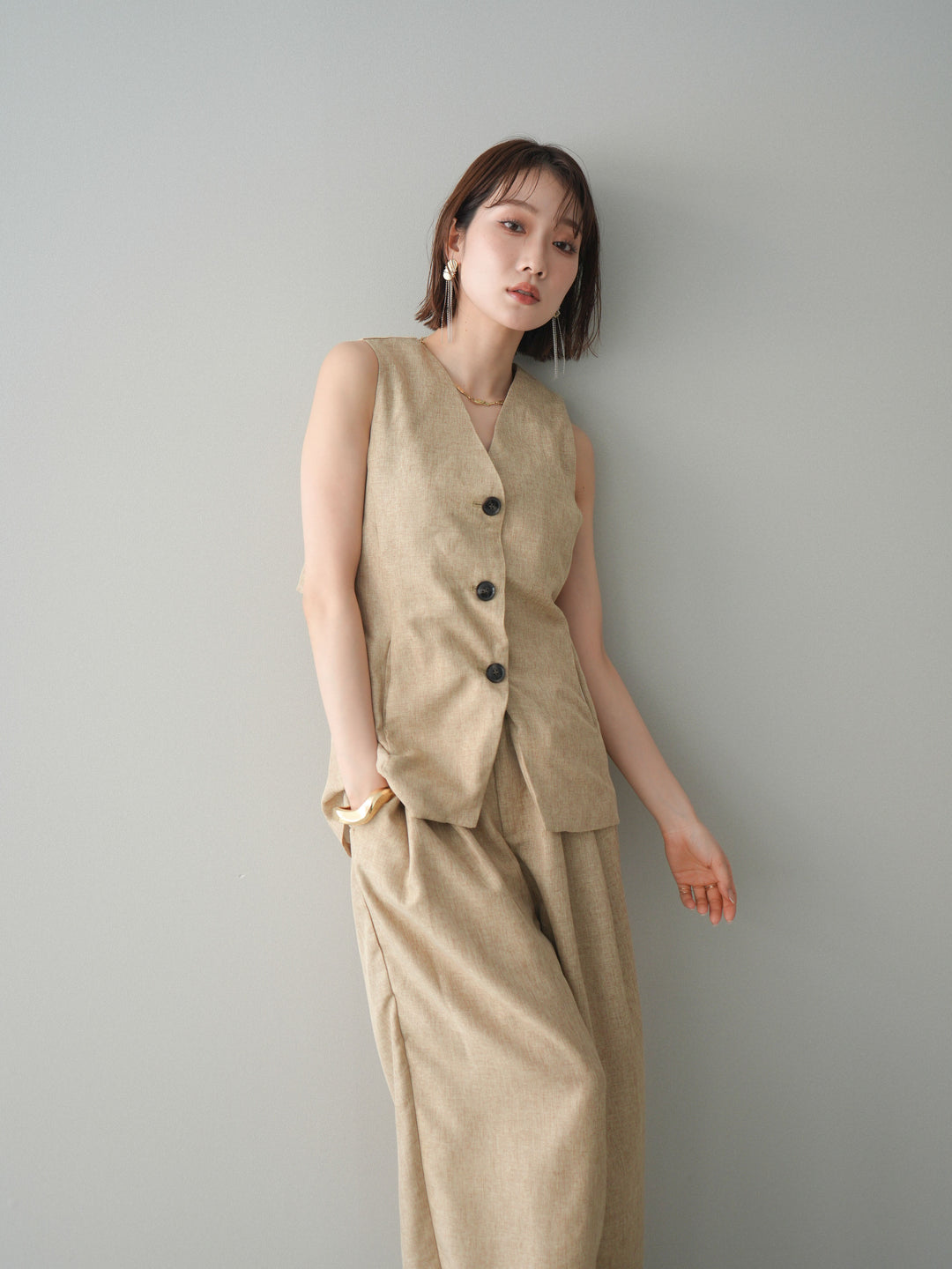[SET]リネンライクバックオープンジレ+リネンライクタックワイドパンツ(2set)