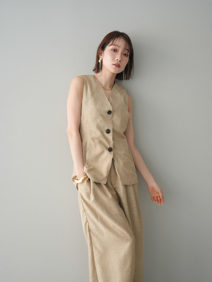 [SET]リネンライクバックオープンジレ+リネンライクタックワイドパンツ(2set)