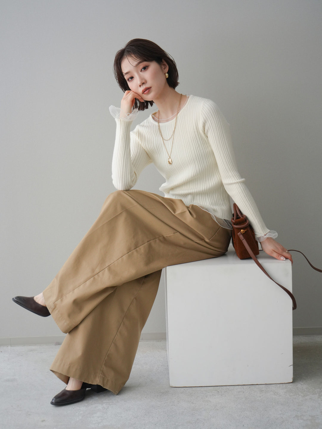 [予約]チュールレイヤードリブニットトップス/ivory