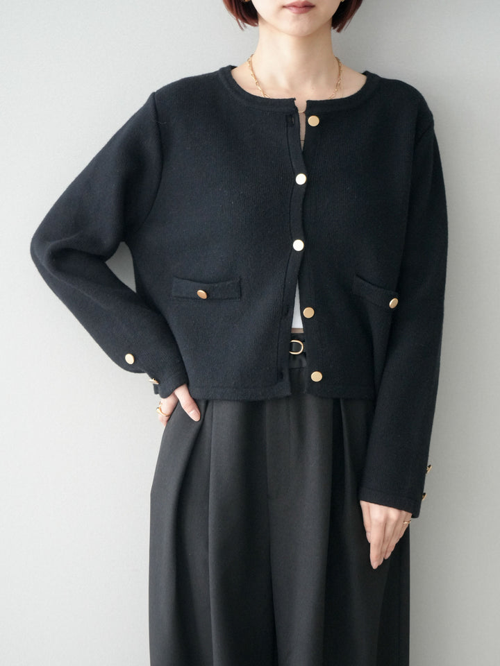 [SET]ゴールドボタンノーカラーニットジャケット+サテンベルトタックワイドパンツ(2set)