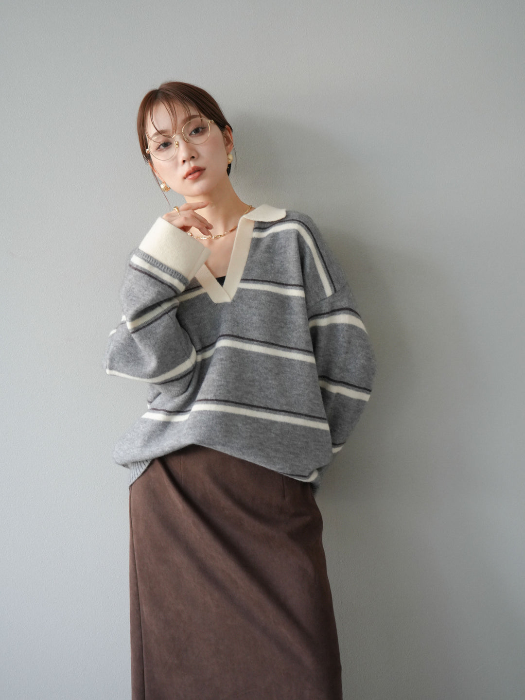 [SET]ポロ襟スキッパーボーダーニットプルオーバー+スウェードIラインスカート(2set)