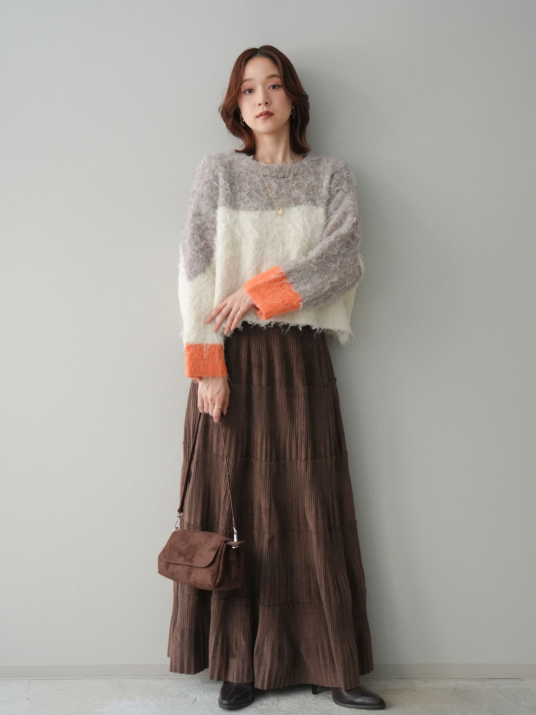 [SET]バイカラーモヘアタッチニットプルオーバー+型押しスエードティアードプリーツスカート(2set)