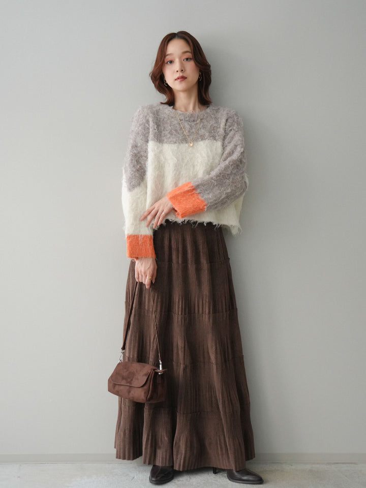[SET]バイカラーモヘアタッチニットプルオーバー+型押しスエードティアードプリーツスカート(2set)