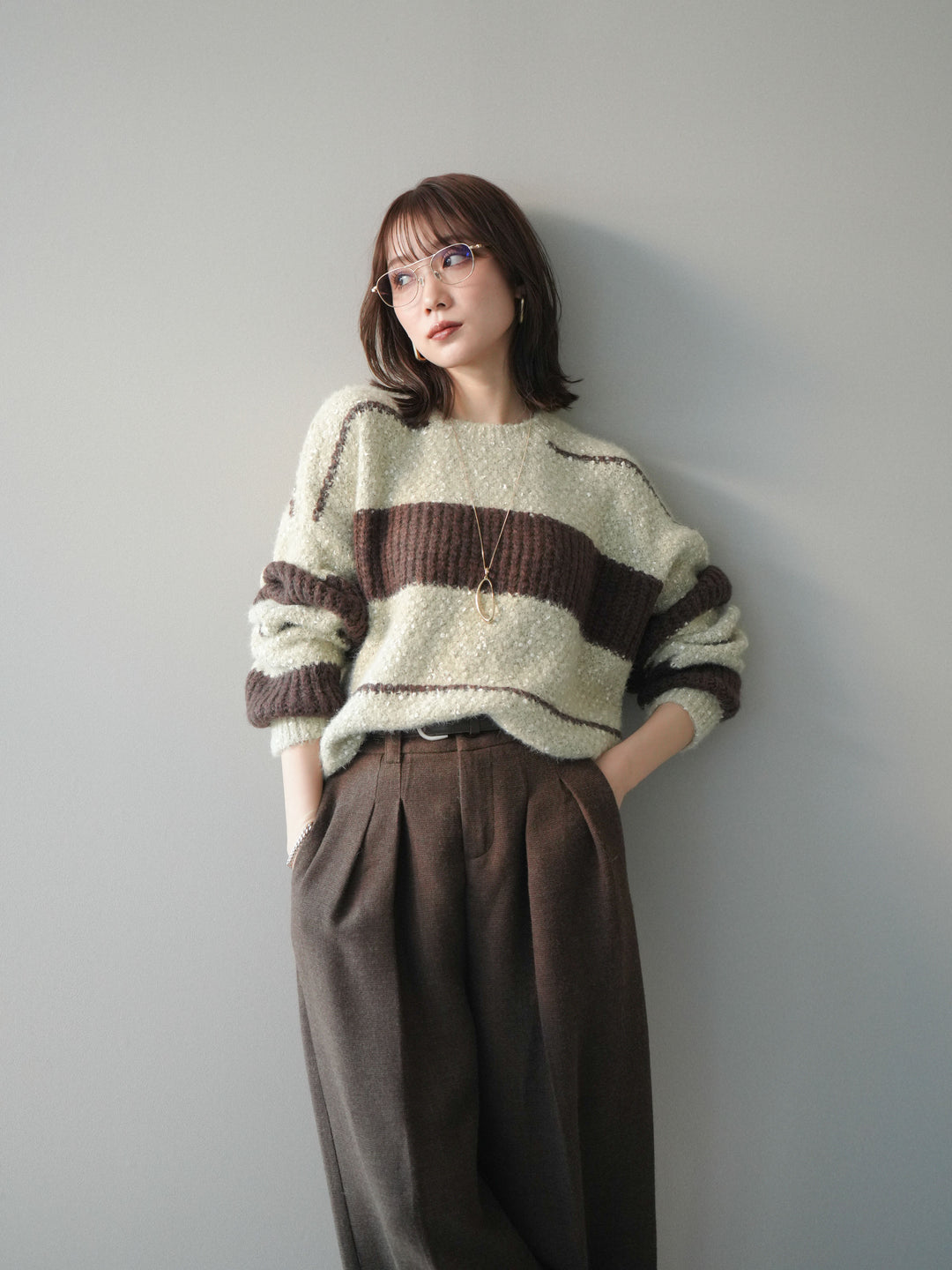 [予約]ネップヤーンボーダーニットプルオーバー/beige