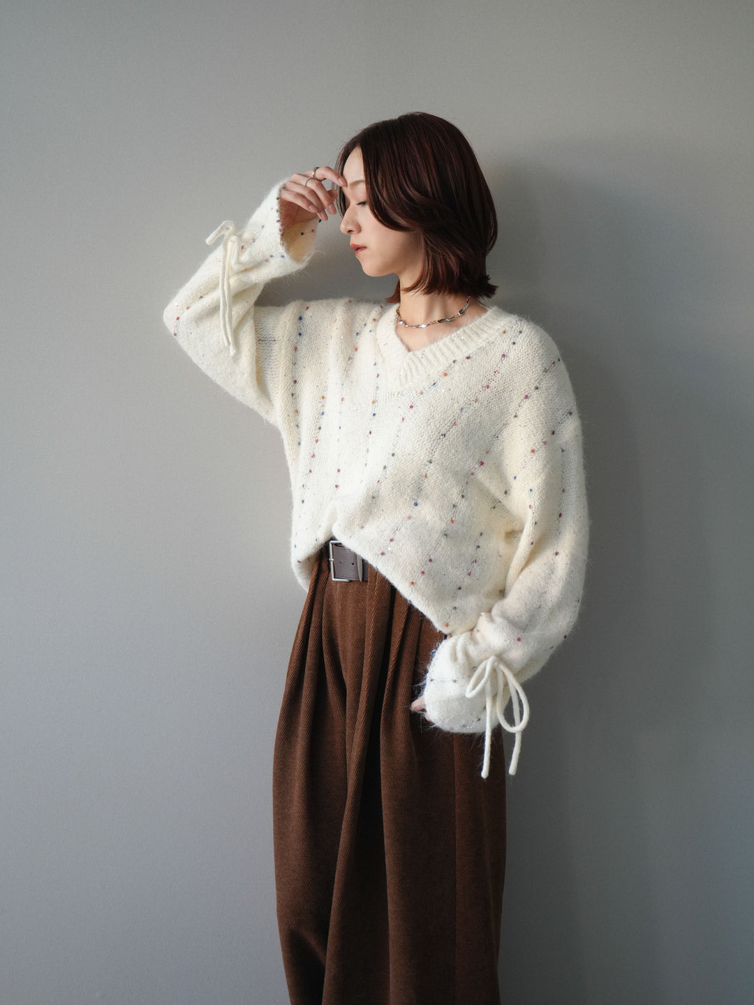 [SET]キャンディースリーブカラーネップスパンコールニットプルオーバー+ベルトデザインループコールテンワイドパンツ(ベルト付き)(2set)