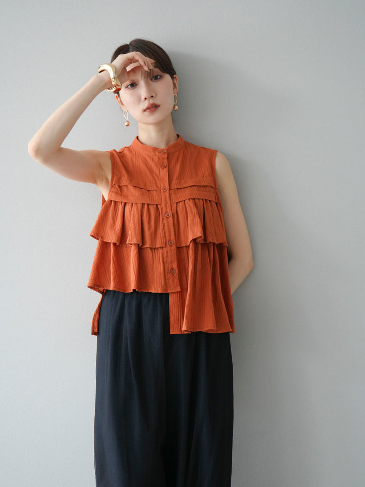 [SET]ドビーストライプアシンメトリーフリルノースリブラウス+リネンライクイージーワイドパンツ(2set)