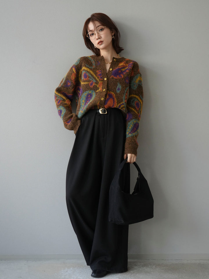 [SET]ミックスヤーンペイズリー柄ニットカーディガン+ベルトループデザインワイドパンツ(2set)