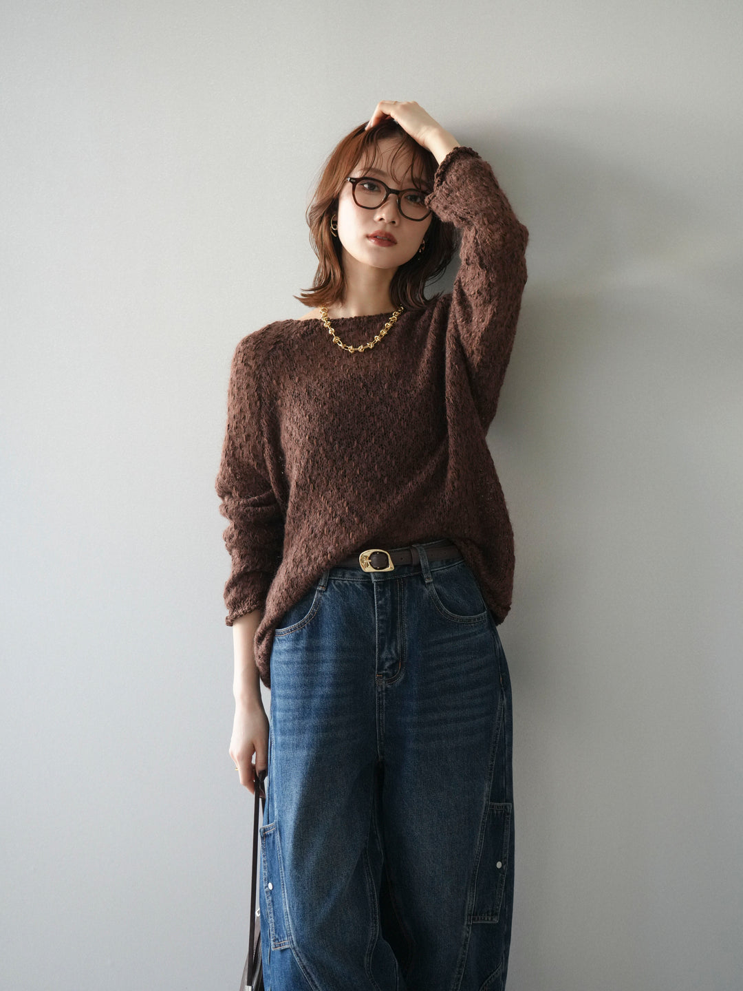 [予約]透かし編みモヘアタッチポコポコニットプルオーバー/brown