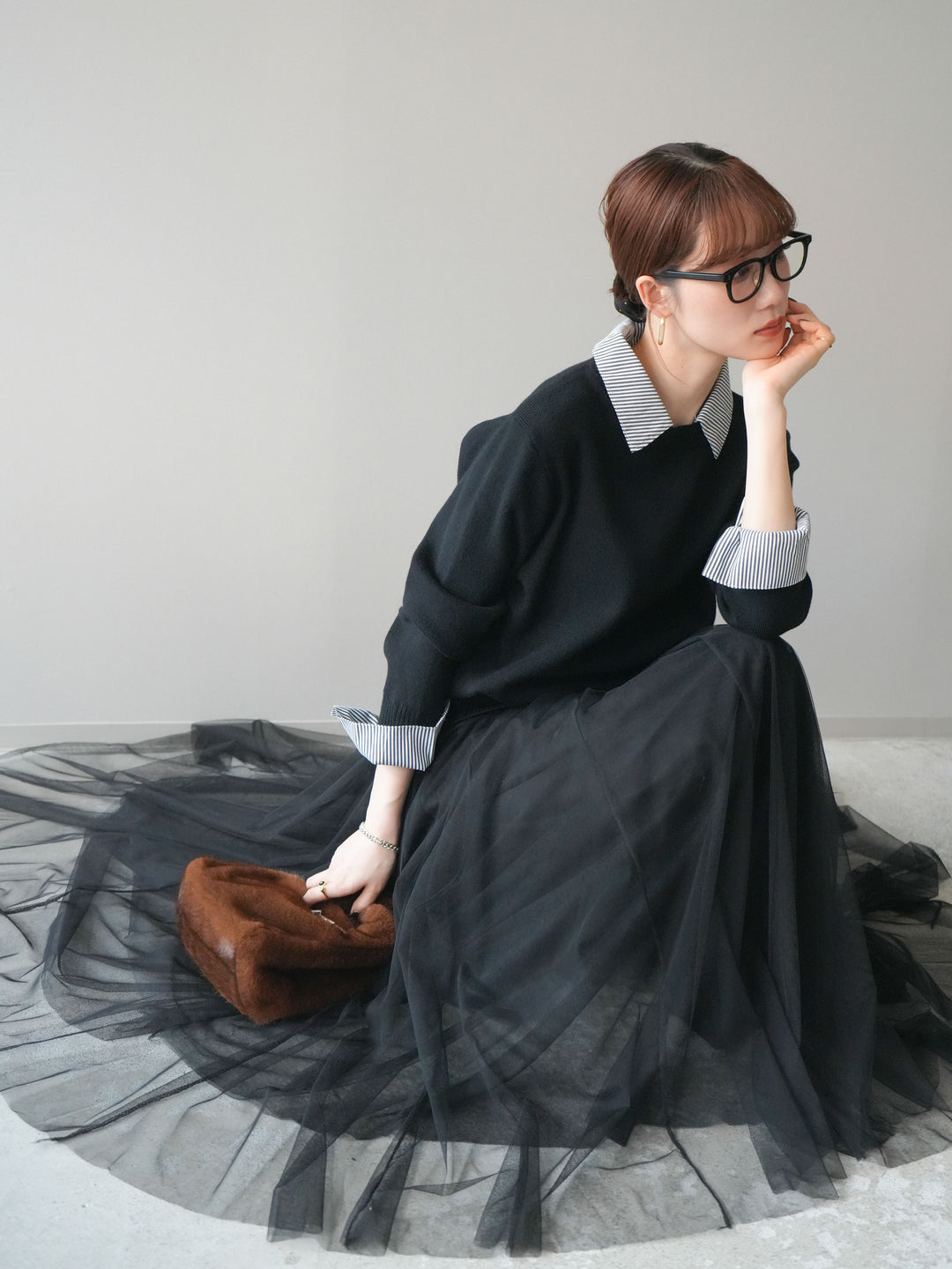 [予約]シャツドッキングデザイン裾ボタンニットプルオーバー/black