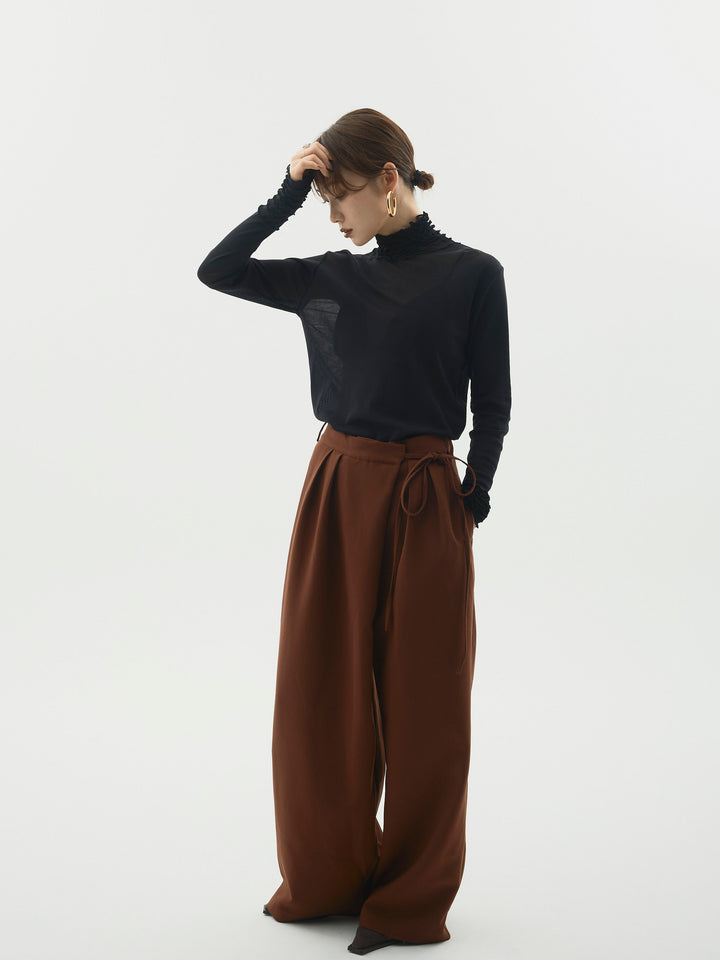 【Allure】[SET]シアーフリルメロートップス+ラップデザインタックワイドパンツ(2set)