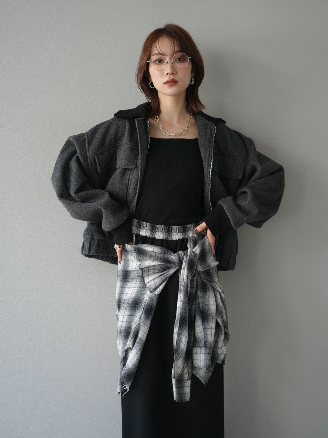 [予約]ウールタッチ襟リブステンカラーショートコート/charcoal