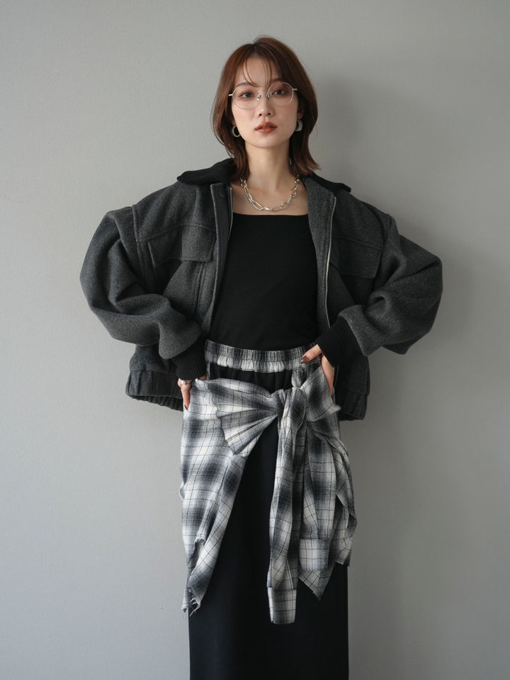 [予約]ウールタッチ襟リブステンカラーショートコート/charcoal