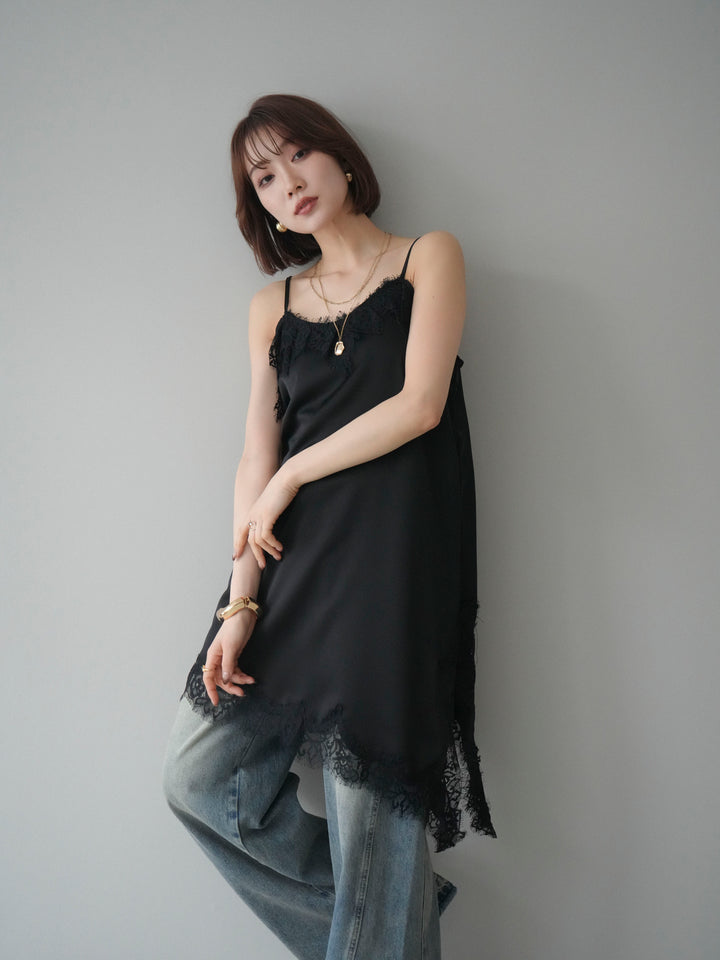 [予約]アシンメトリーサテンレースキャミソール/black