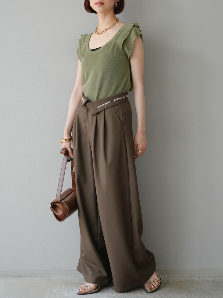 【預購】寬褲，捲腰，附logo褶/褐色