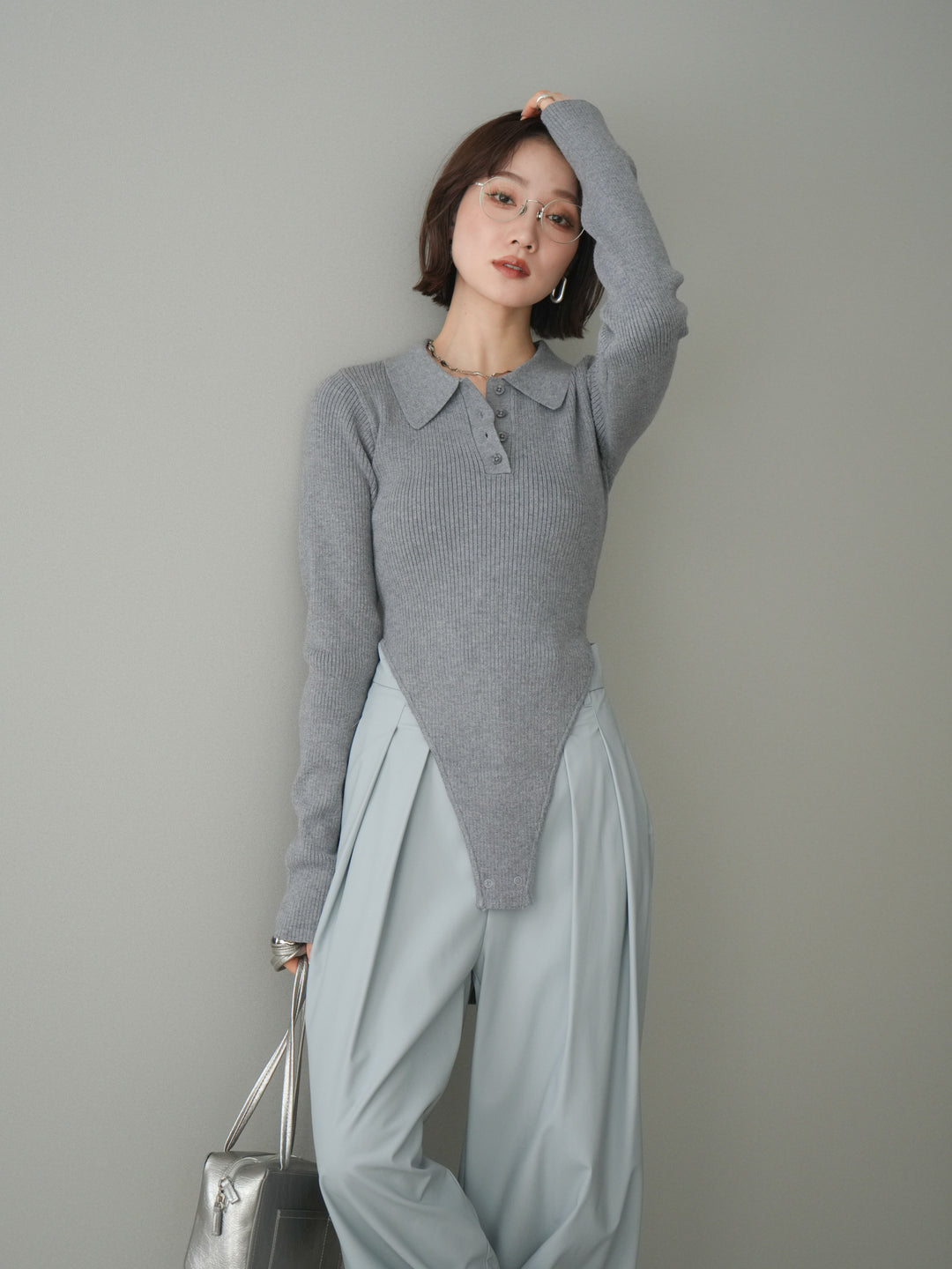 [予約]リブポロニットボディスーツ/mokugray