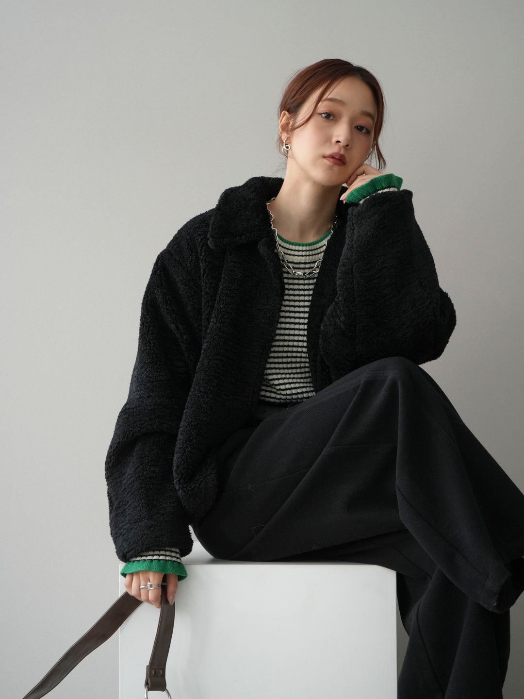 [SET]エコファーステンカラージャケット+ラメ異素材ボーダーリブニットプルオーバー(2set)