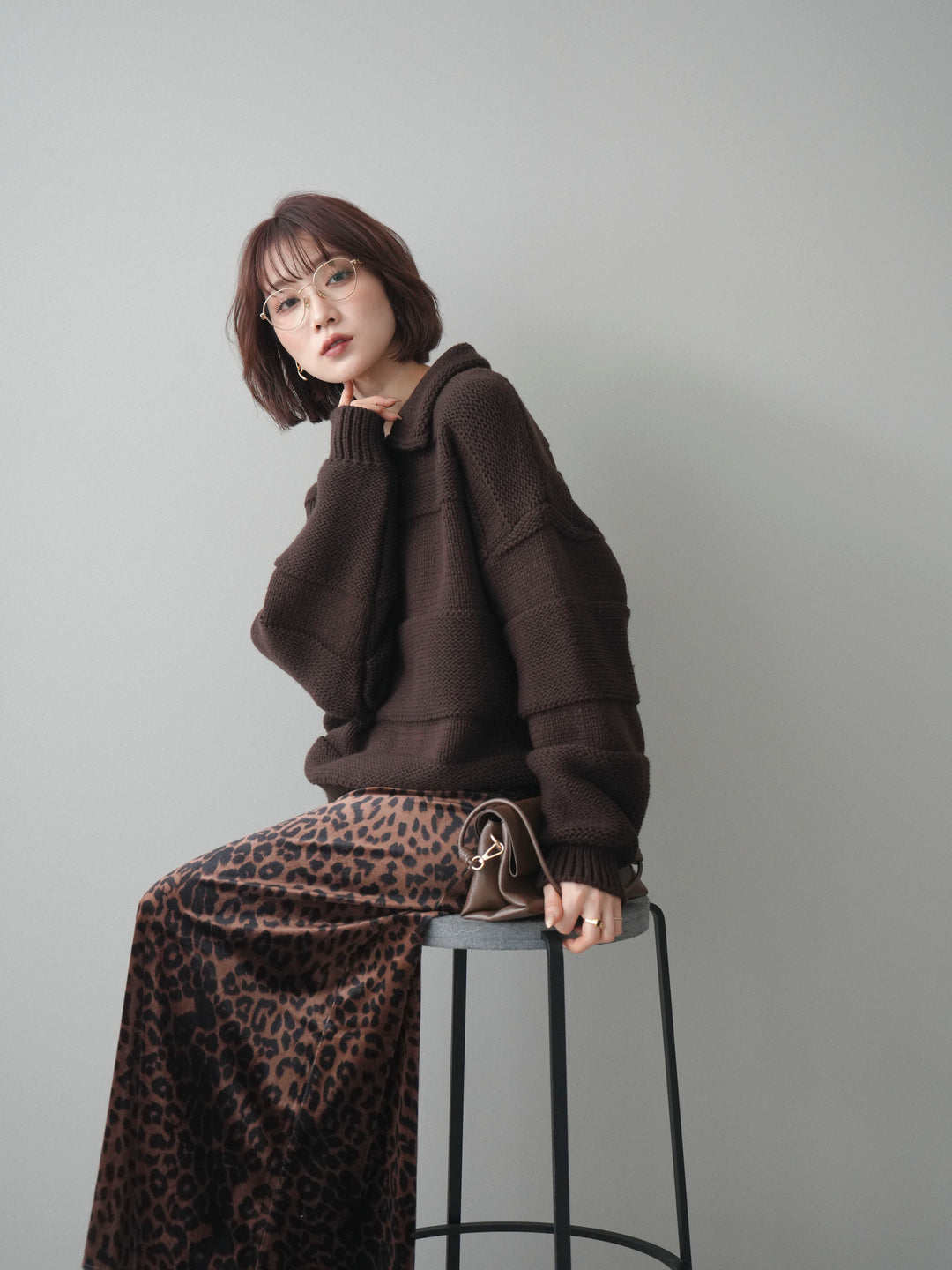 [SET]襟付きボーダー編みニットプルオーバー+レオパードベロアナロースカート(2set)