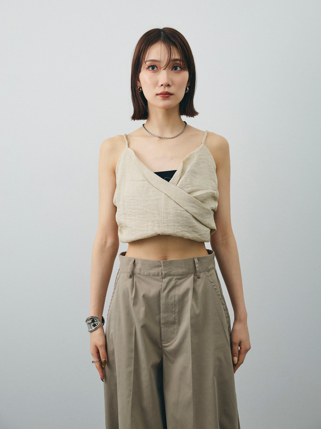 [予約]リネンライクカシュクールデザインビスチェ/ベージュ