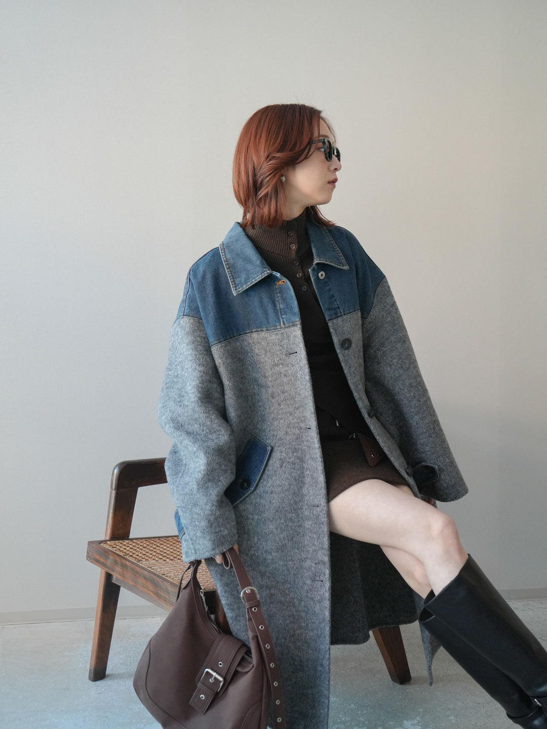 [SET]デニム切替シャギーステンカラーコート+ウールタッチベルト付ミニスカート(2set)