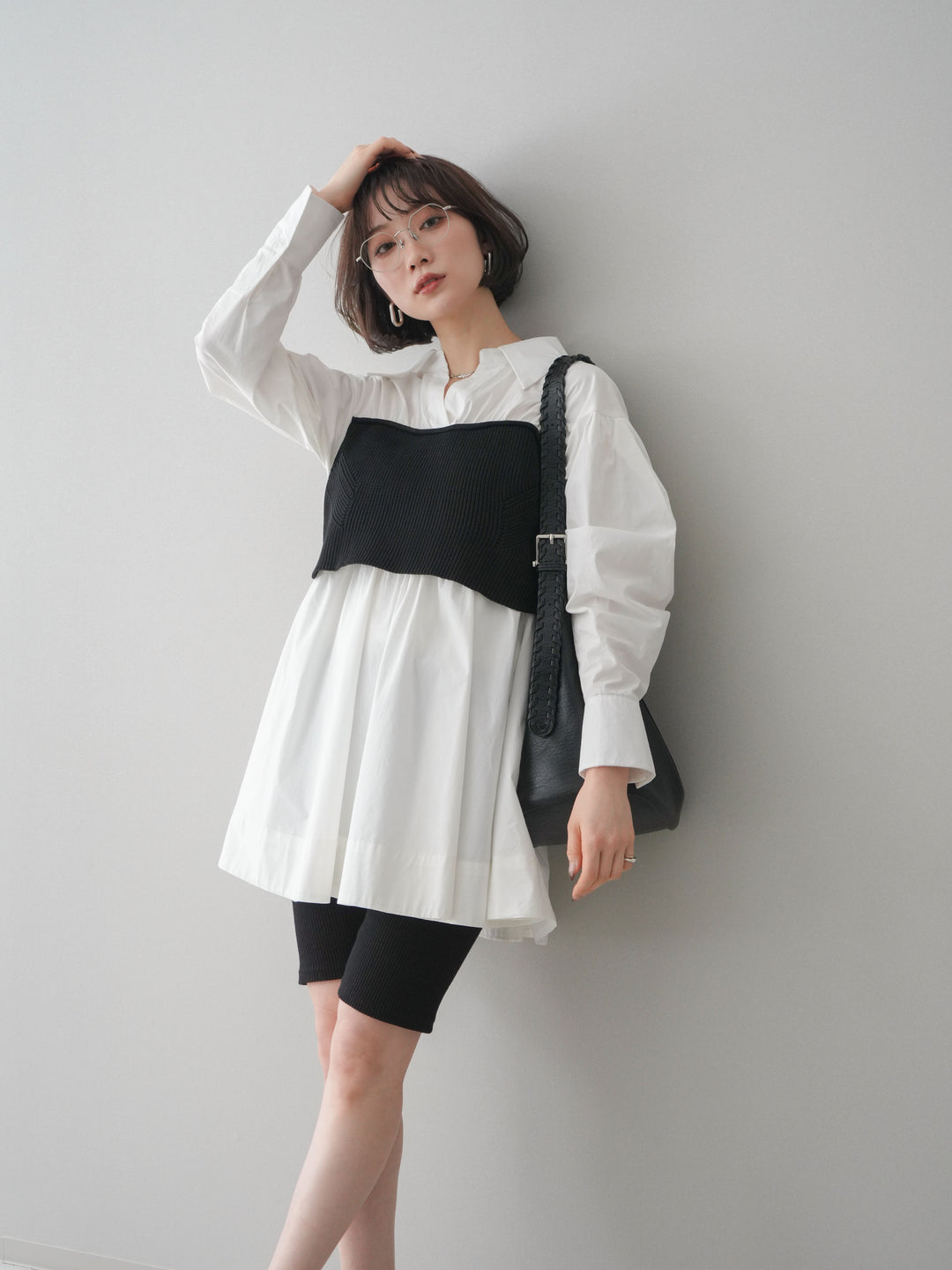 [予約]ニットビスチェドッキングフレアシャツチュニック/offwhite