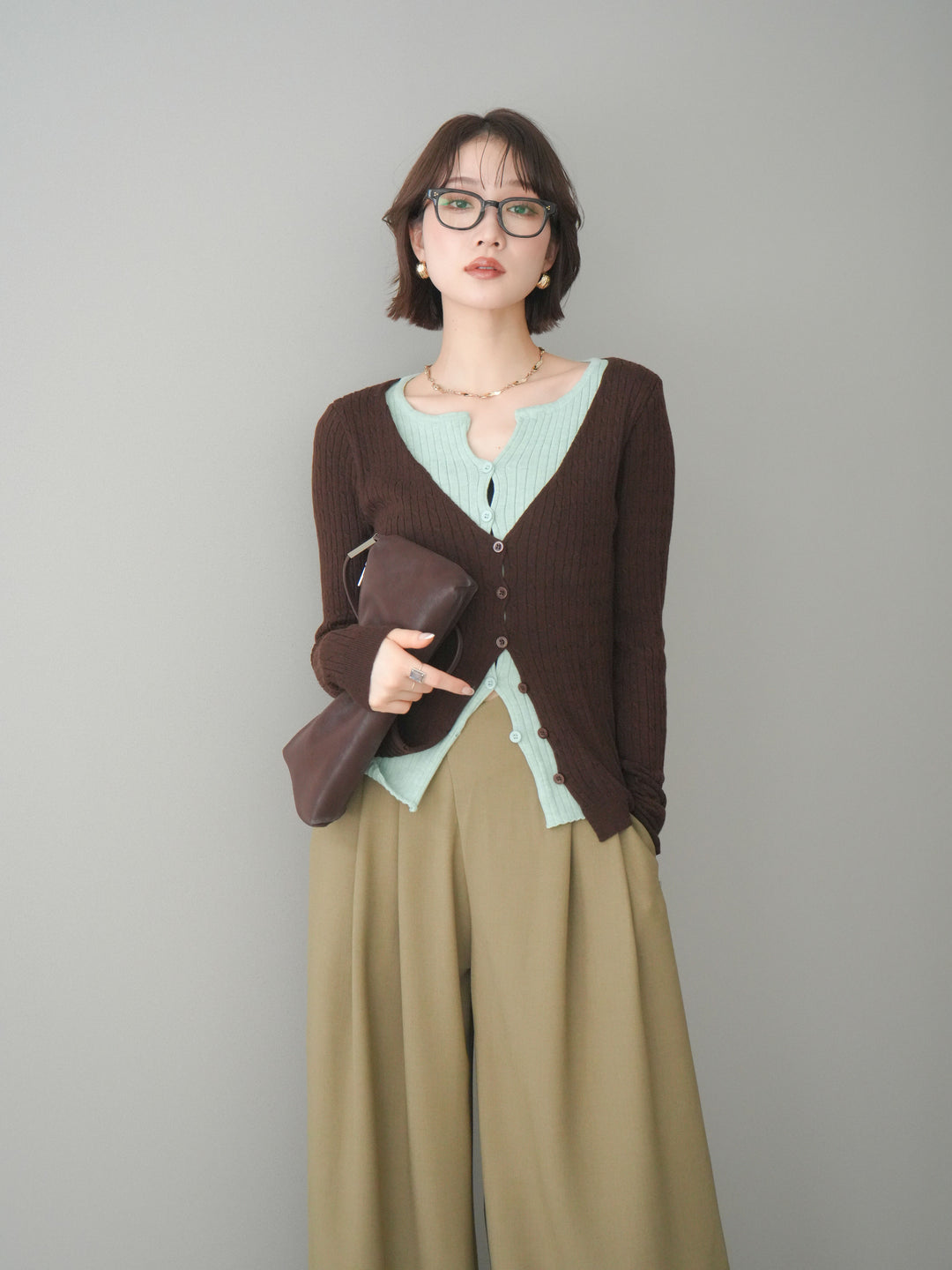 [予約]バイカラーレイヤードニットカーディガン/brown