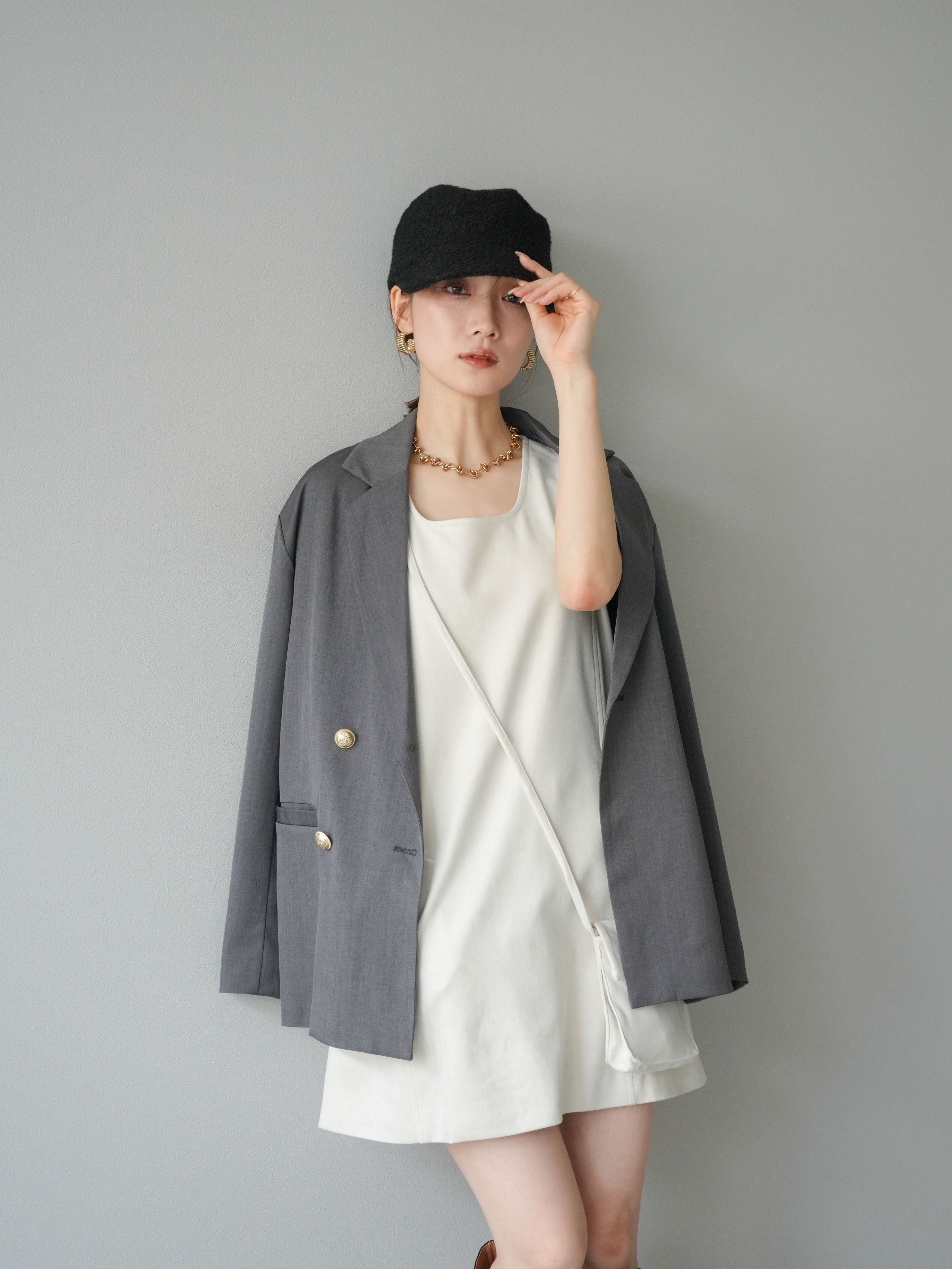 予約]ゴールドボタンツイルダブルテーラードジャケット/グレー