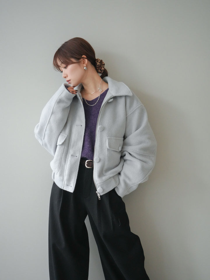 [SET]ウールライクフライトジャケット+シュシュ付きアンゴラタッチVネックニットプルオーバー+アニマル柄ベルト付きウールタッチワイドパンツ(3set)