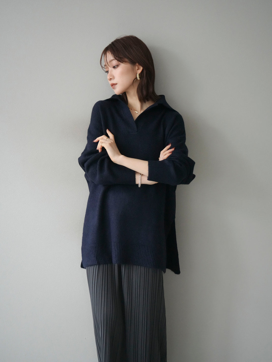 [予約]スキッパーオーバーニットプルオーバー/navy