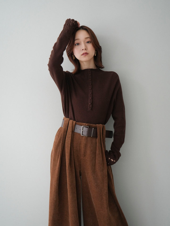 [SET]袖スカラップレースフロントボタンウールニットトップス+ベルトデザインループコールテンワイドパンツ(ベルト付き)(2set)