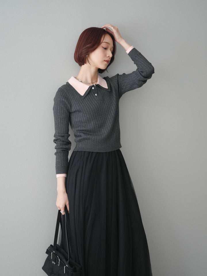 [SET]ダブル襟ポロリブニットトップス+チュールボリュームスカート(2set)