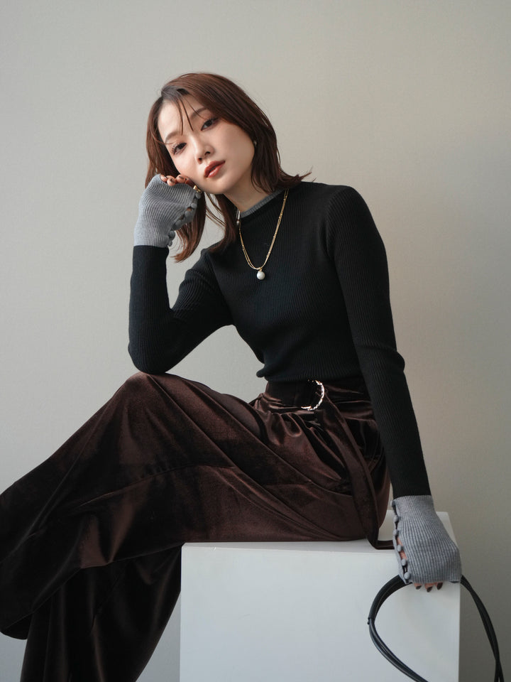 [予約]袖ボタンハイネック配色リブニットトップス/black