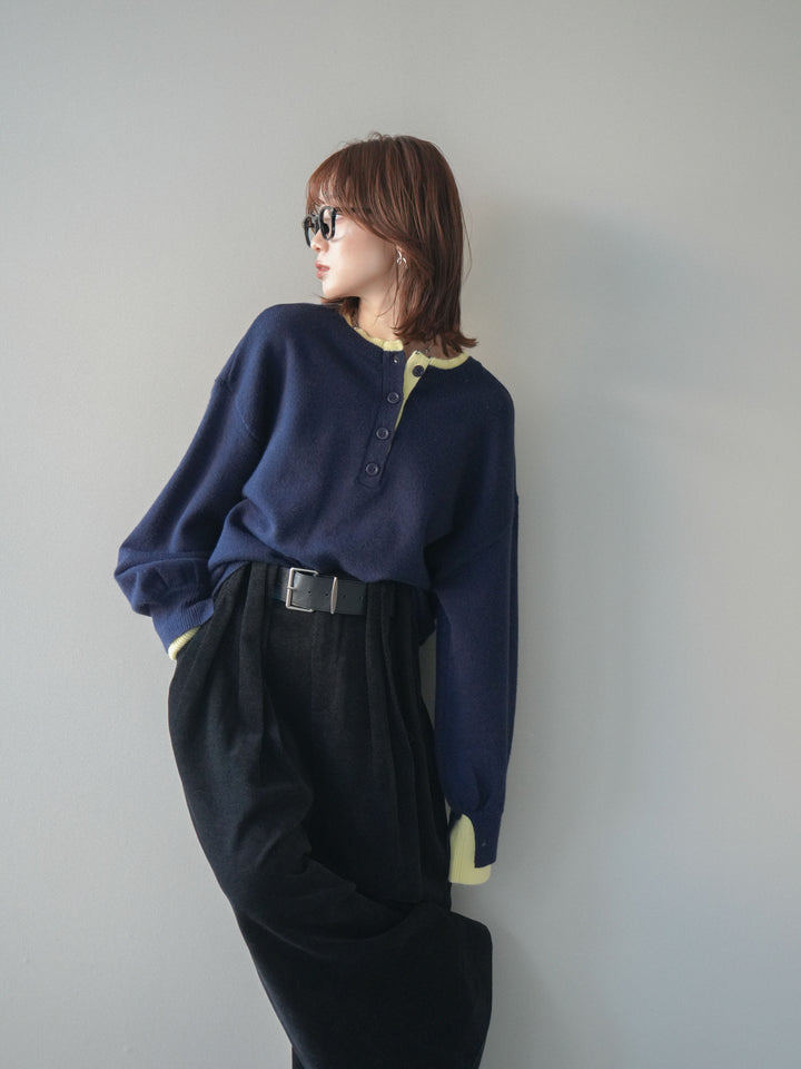 [予約]ヘンリーネック配色レイヤードニットプルオーバー/navy