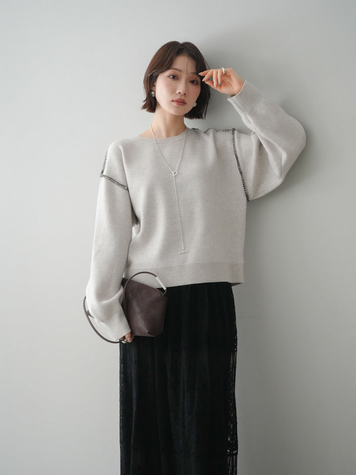 [SET]バックロゴ刺繍配色ステッチニットプルオーバー+選べるアクセセット(2set)