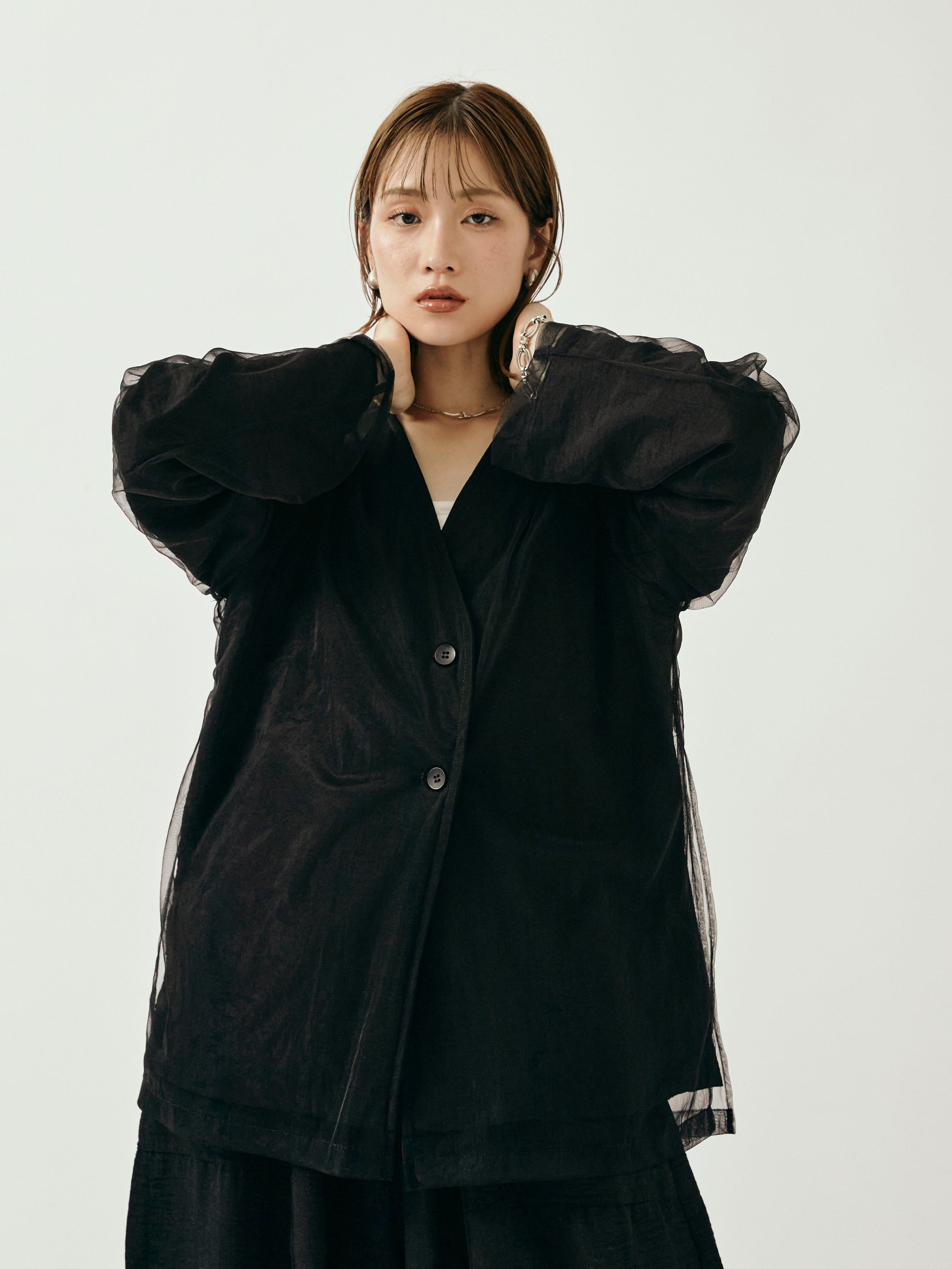 予約]チュールレイヤードVジャケット/ブラック – Lumier