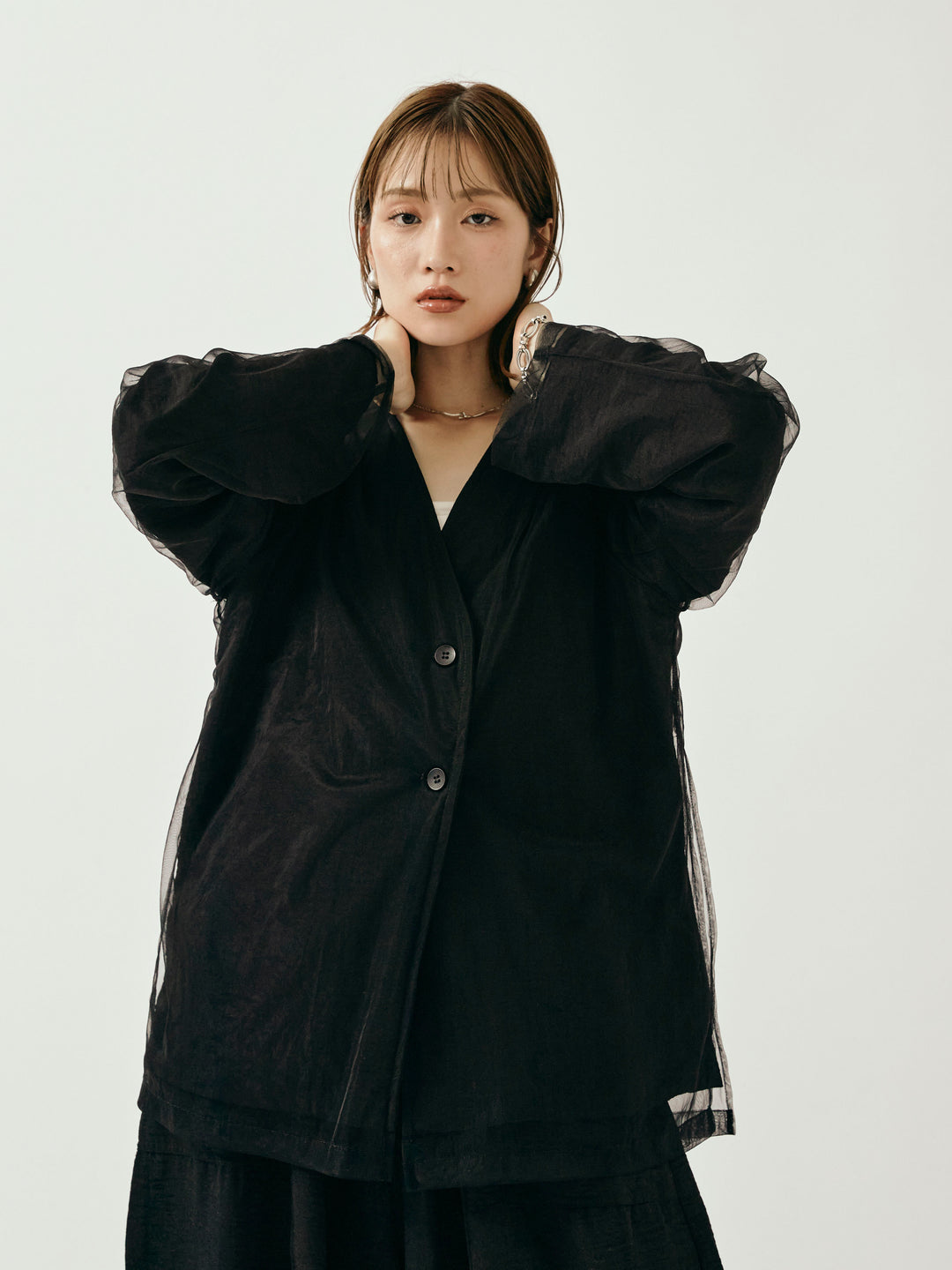 [予約]チュールレイヤードVジャケット/ブラック