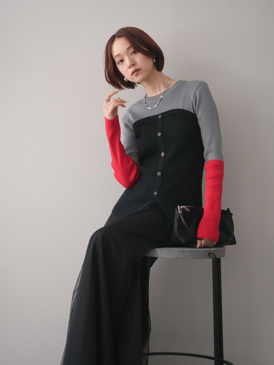 [SET]配色ビスチェドッキングリブニットトップス+選べるアクセセット(2set)