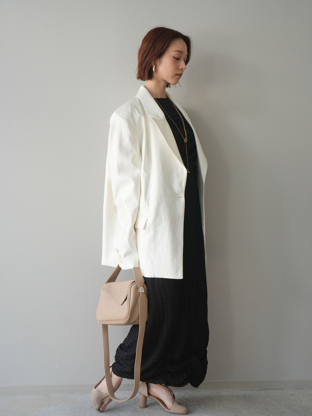 [SET]シャーリングジャガードノースリーブワンピース+エフォートレステイラードジャケット(2set)