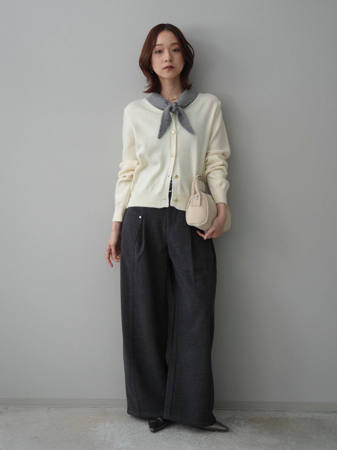 [SET]デザイン襟ニットカーディガン+ベルト付起毛コクーンパンツ(2set)