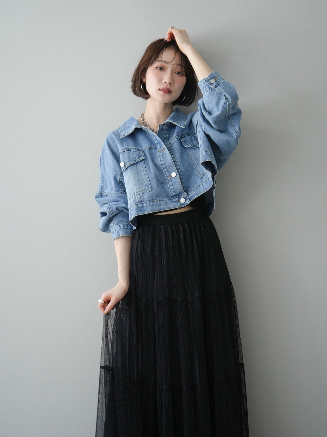 [SET]デニムショートシャツジャケット+ラメプリーツレイヤードチュールロングスカート(2set)