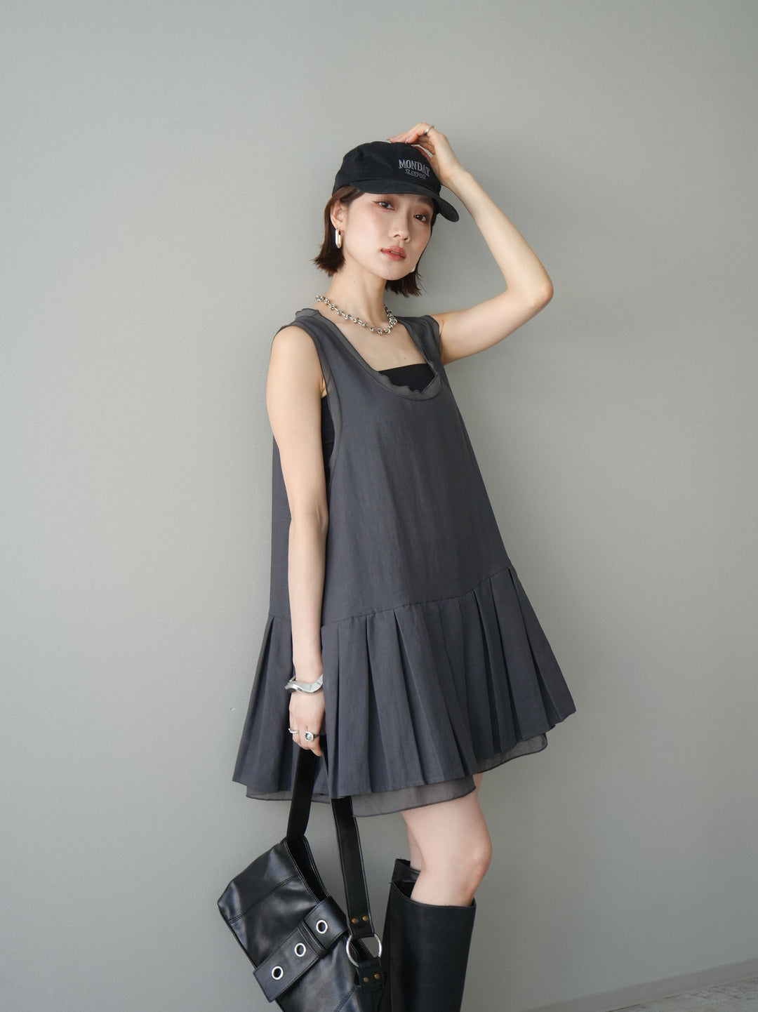 [予約]チュールドッキング裾プリーツミニワンピース/charcoal