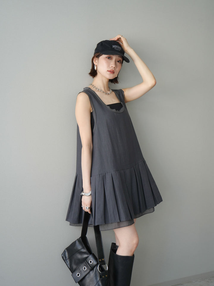 [予約]チュールドッキング裾プリーツミニワンピース/charcoal