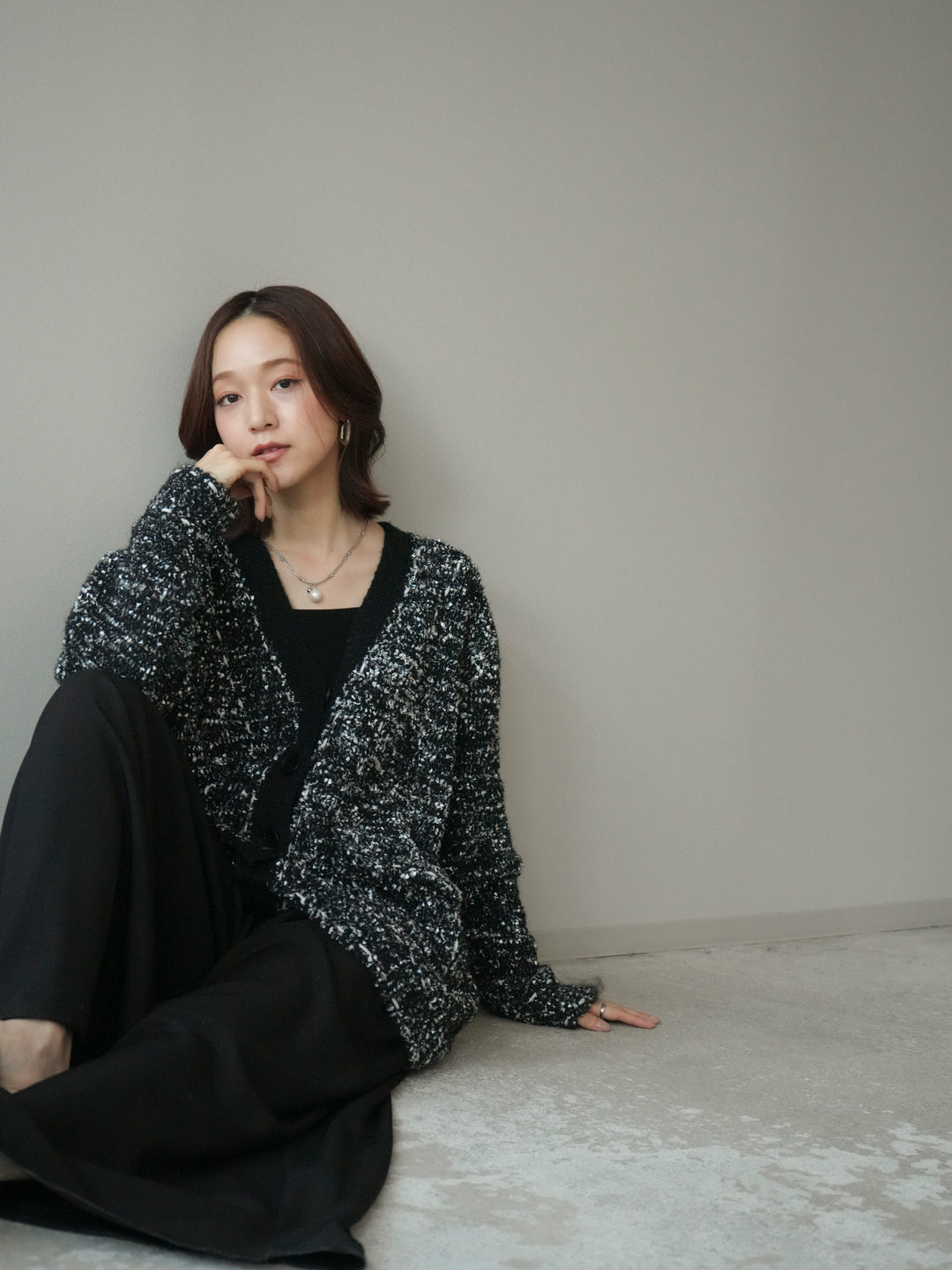 [SET]モールネップニットカーディガン+テープベルトタックバギーパンツ(2set)