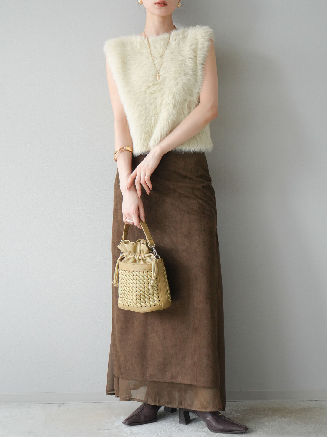 [予約]ミンクライク前後2WAYショートジレ/アイボリー