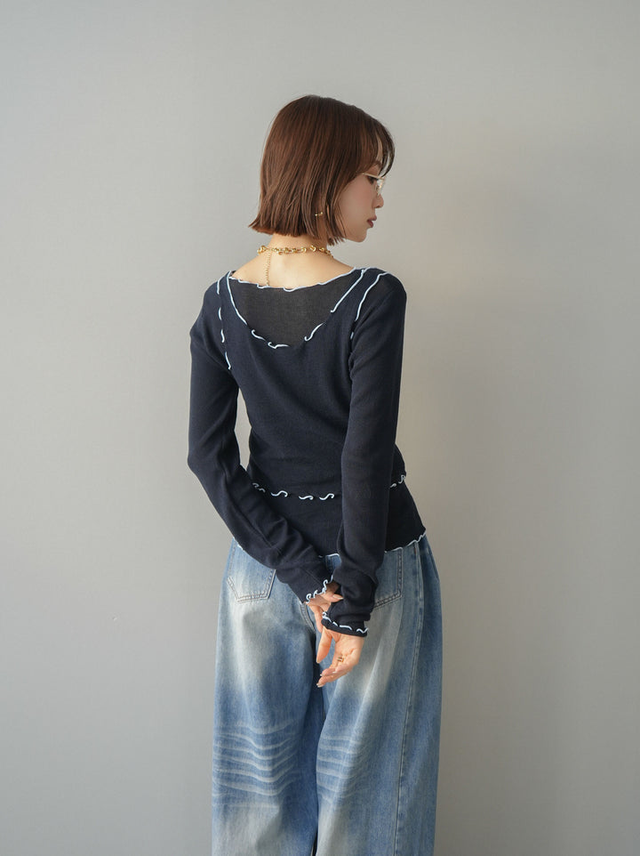 [予約]バイカラーメローアンサンブルシアーニットトップス/navy