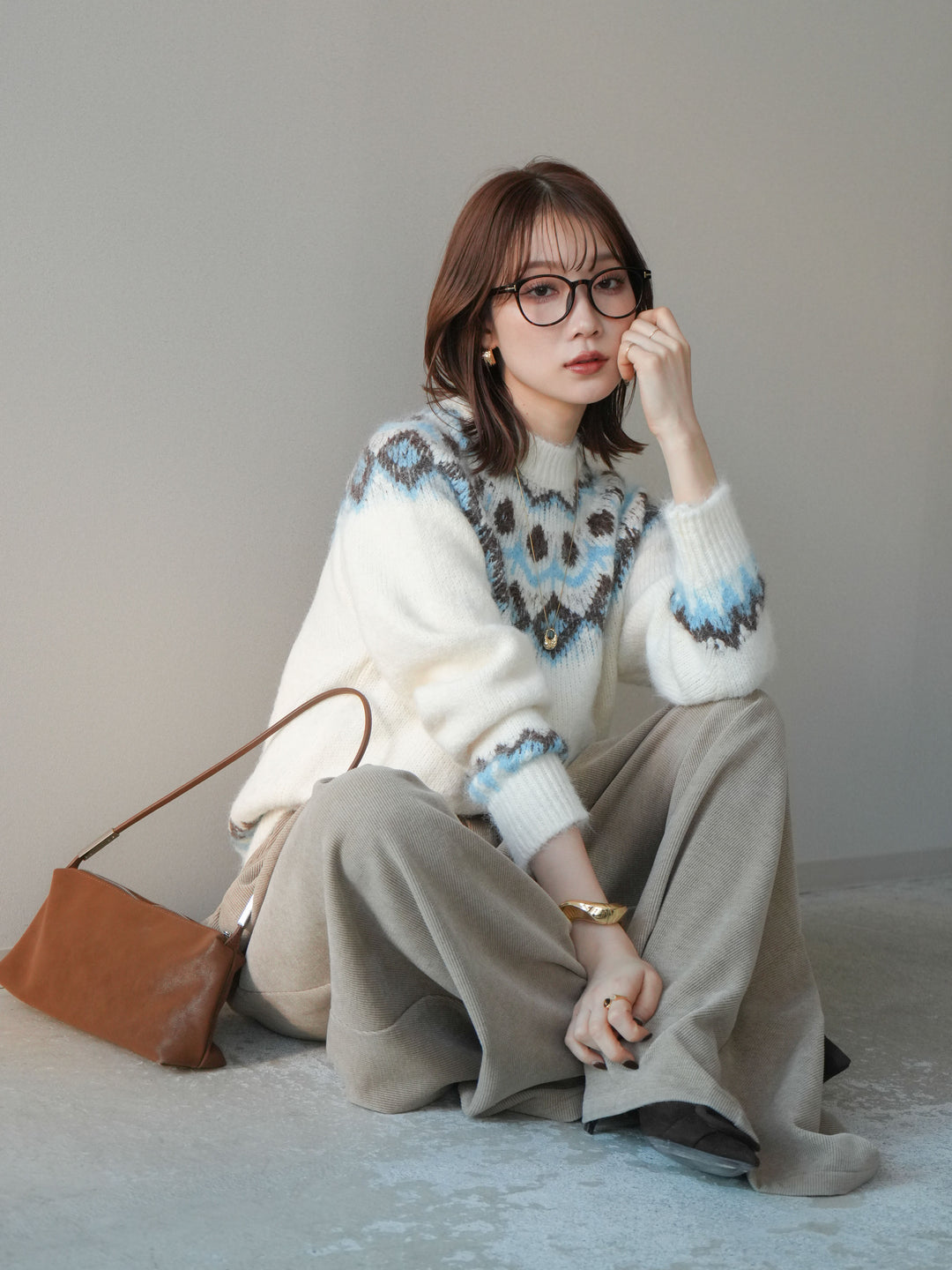 [SET]ソフトタッチ求心柄ニットプルオーバー+ベルトデザインループコールテンワイドパンツ(ベルト付き)(2set)