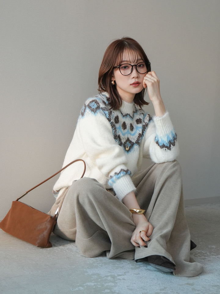 [SET]ソフトタッチ求心柄ニットプルオーバー+ベルトデザインループコールテンワイドパンツ(ベルト付き)(2set)